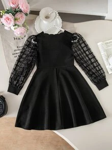SHEIN Kids Young Girl Knit Solid Color Contrast Mesh Casual Dress - Black - View 6