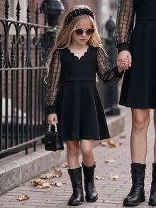SHEIN Kids Young Girl Knit Solid Color Contrast Mesh Casual Dress - Black - View 4