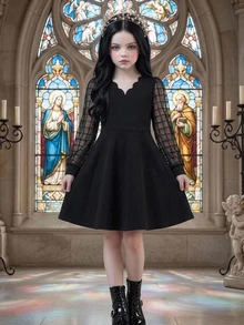 SHEIN Kids Young Girl Knit Solid Color Contrast Mesh Casual Dress - Black - View 2