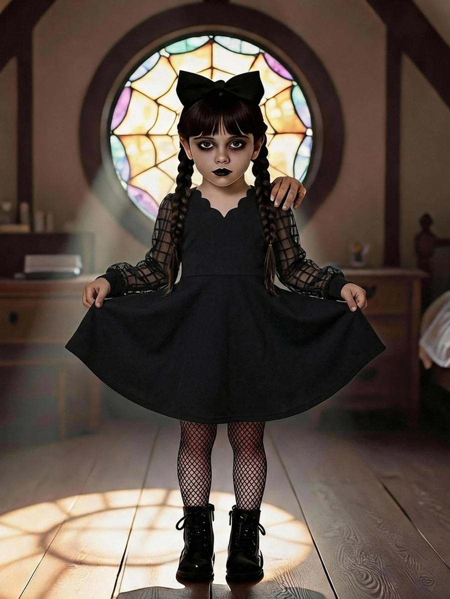 SHEIN Kids Young Girl Knit Solid Color Contrast Mesh Casual Dress - Black - View 1