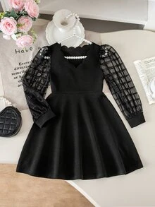 SHEIN Kids Young Girl Knit Solid Color Contrast Mesh Casual Dress - Black - View 5