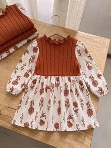 SHEIN Baby Girl Baby Girl Autumn Floral Knit Patchwork Floral Hem Casual Dress - Multicolor - View 2