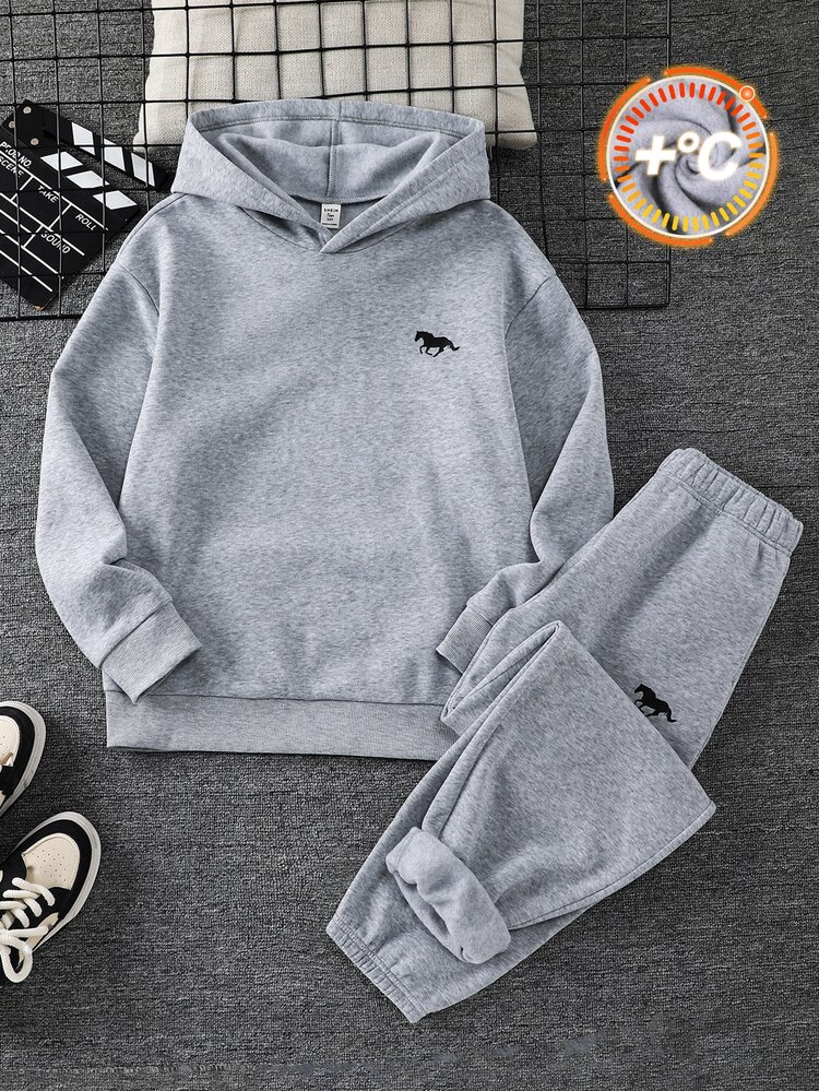 SHEIN Teen Boy 2pcs Teen Boys Casual Pony Print Grey Basic Hoodie And Sweatpants, Perfect For The Fall/Winter Back-To-School Season. - Light Grey - View 4