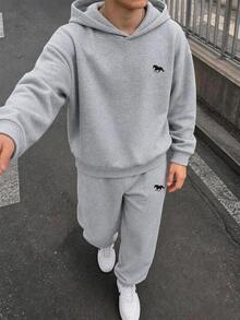 SHEIN Teen Boy 2pcs Teen Boys Casual Pony Print Grey Basic Hoodie And Sweatpants, Perfect For The Fall/Winter Back-To-School Season. - Light Grey - View 1