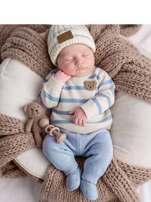 SHEIN New Born Baby Cartoon Bear Stripe Long Sleeve Sweater And Knitted Autumn Pants Set - Blue - View 3