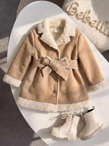 SHEIN Kids Kids Autumn/Winter Cute Casual Versatile Khaki Thermal Lined Jacket - Khaki - View 3