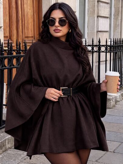 SHEIN BAE CURVE Plus Size Coffee Brown Wool Cape Coat, Multi-Wear,Elegant Women's Dark Brown High-Neck Cape Coat – A Stylish, Comfortable, And Loose-Fitting Pullover