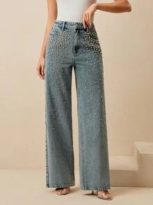 Anewsta Women's Straight Leg Rhinestone Embellished Elegant Party Pants, Suitable For Spring, Valentine's Day, Christmas, Slimming - Blue - View 1
