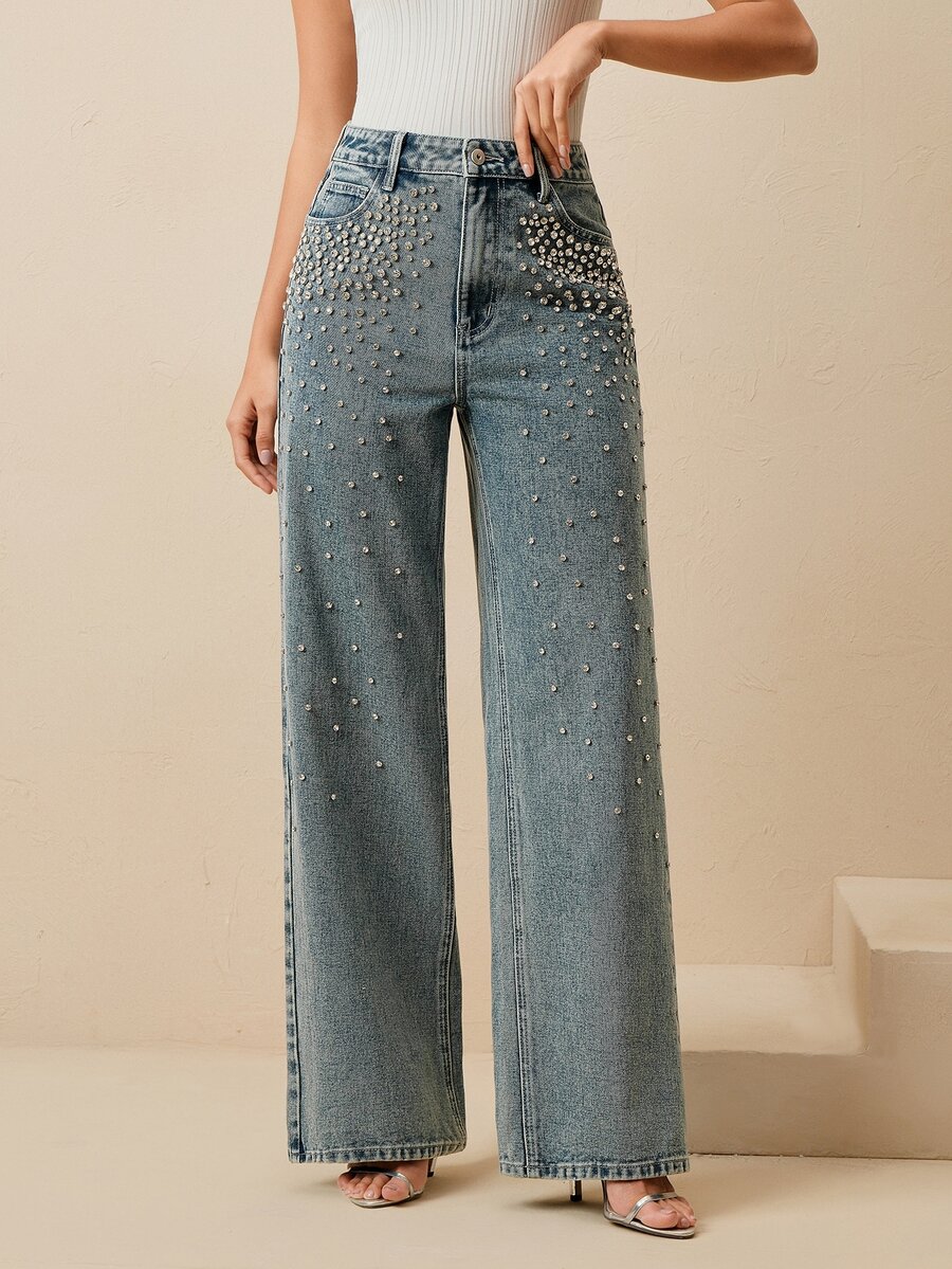 Anewsta Women's Straight Leg Rhinestone Embellished Elegant Party Pants, Suitable For Spring, Valentine's Day, Christmas, Slimming - Blue - View 1