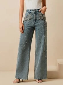 Anewsta Women's Straight Leg Rhinestone Embellished Elegant Party Pants, Suitable For Spring, Valentine's Day, Christmas, Slimming - Blue - View 7