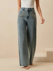 Anewsta Women's Straight Leg Rhinestone Embellished Elegant Party Pants, Suitable For Spring, Valentine's Day, Christmas, Slimming - Blue - View 6