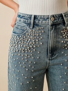 Anewsta Women's Straight Leg Rhinestone Embellished Elegant Party Pants, Suitable For Spring, Valentine's Day, Christmas, Slimming - Blue - View 4
