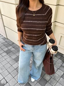 Easura Plus Size Casual Crew Neck Loose Fit Women's Pullover Sweater - Brown - View 6