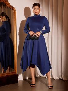 Cravure Plus Size Elegant Long Sleeve Asymmetrical Hem Dress For Party Fall - Blue - View 5
