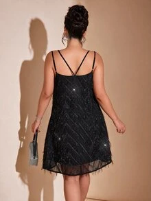Cravure Women's Plus Size Spring Summer Autumn Black Feather Tassel Double Strap A-Line Tummy Control Slimming Shiny Short Evening Dress For Party Date Elegant Little Black Dress - Black - View 5