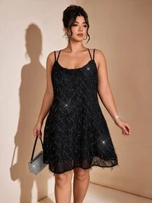 Cravure Women's Plus Size Spring Summer Autumn Black Feather Tassel Double Strap A-Line Tummy Control Slimming Shiny Short Evening Dress For Party Date Elegant Little Black Dress - Black - View 3