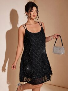 Cravure Women's Plus Size Spring Summer Autumn Black Feather Tassel Double Strap A-Line Tummy Control Slimming Shiny Short Evening Dress For Party Date Elegant Little Black Dress - Black - View 7