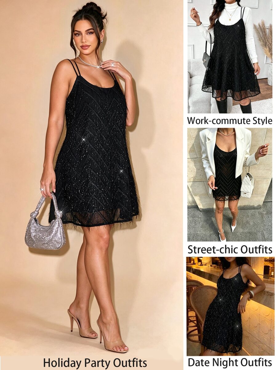Cravure Women's Plus Size Spring Summer Autumn Black Feather Tassel Double Strap A-Line Tummy Control Slimming Shiny Short Evening Dress For Party Date Elegant Little Black Dress