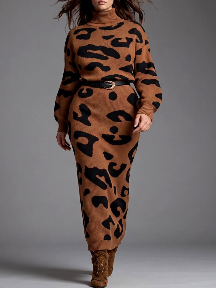 Linhara CURVE Autumn/Winter Thick Plus Size Leopard Print Crew Neck Pullover Sweater Bodycon Midi Skirt 2 Pieces Set Halloween Vacation Graduation Brown Elegant - Coffee Brown - View 9