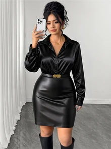 Elenzga Plus Solid Button Front Shirt Dress Without Belt Fall - Black - View 4