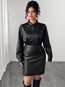 Elenzga Plus Solid Button Front Shirt Dress Without Belt Fall - Black - View 3