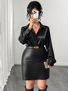 Elenzga Plus Solid Button Front Shirt Dress Without Belt Fall - Black - View 5