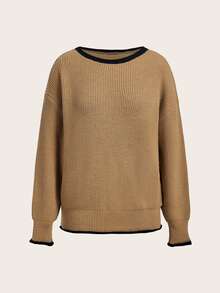 Trelyra Maillard Khaki Color Contrast Black Trim Loose Fit Slimming Round Neck Minimalist Slouchy Versatile Pullover Sweater - Khaki - View 7