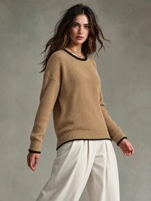 Trelyra Maillard Khaki Color Contrast Black Trim Loose Fit Slimming Round Neck Minimalist Slouchy Versatile Pullover Sweater - Khaki - View 5