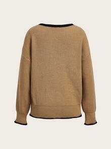 Trelyra Maillard Khaki Color Contrast Black Trim Loose Fit Slimming Round Neck Minimalist Slouchy Versatile Pullover Sweater - Khaki - View 8