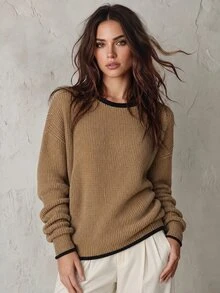 Trelyra Maillard Khaki Color Contrast Black Trim Loose Fit Slimming Round Neck Minimalist Slouchy Versatile Pullover Sweater - Khaki - View 1