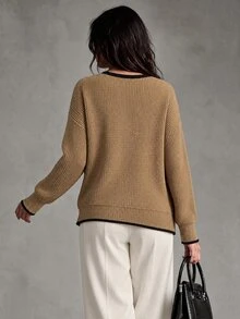 Trelyra Maillard Khaki Color Contrast Black Trim Loose Fit Slimming Round Neck Minimalist Slouchy Versatile Pullover Sweater - Khaki - View 2