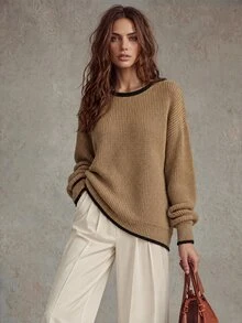 Trelyra Maillard Khaki Color Contrast Black Trim Loose Fit Slimming Round Neck Minimalist Slouchy Versatile Pullover Sweater - Khaki - View 4