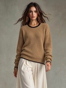 Trelyra Maillard Khaki Color Contrast Black Trim Loose Fit Slimming Round Neck Minimalist Slouchy Versatile Pullover Sweater - Khaki - View 6