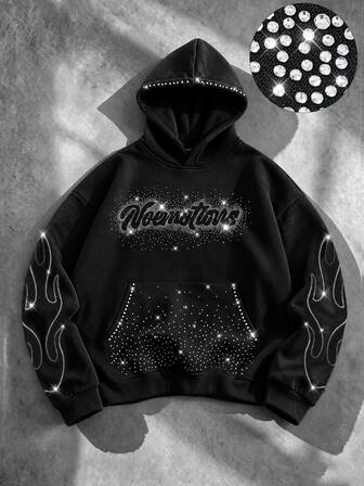 Street Life Sudadera con capucha de hombre con letras y pedrería