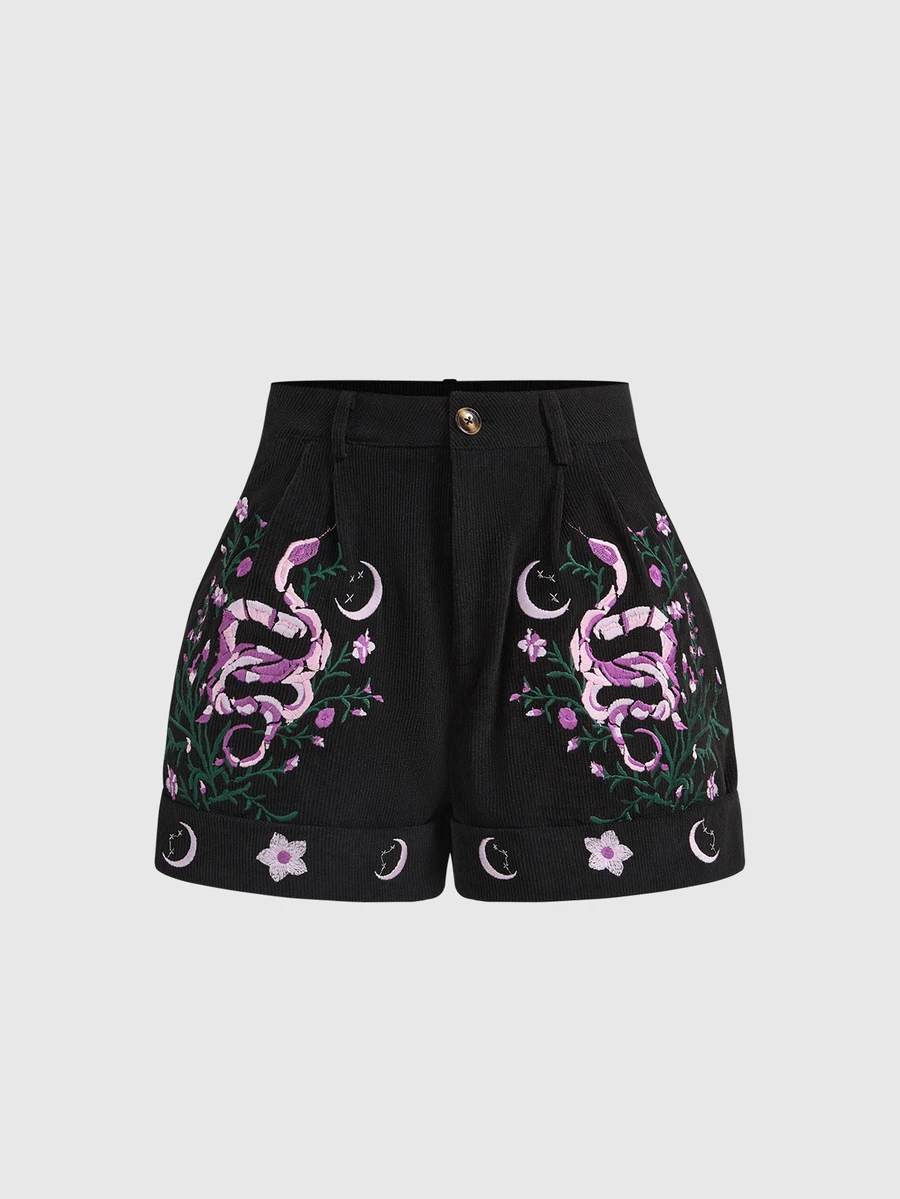 ROMWE Goth Women's Vintage Mysterious Vine Embroidered Star, Moon, Snake Embroidered Shorts - Black - View 1