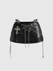 ROMWE Avant Minifalda ajustada de cintura súper baja con decoración de accesorio de motociclista retro Gyaru para mujer - Negro - Ver 1
