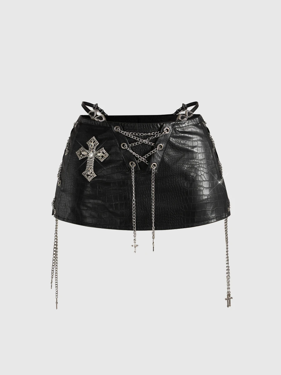 ROMWE Avant Minifalda ajustada de cintura súper baja con decoración de accesorio de motociclista retro Gyaru para mujer - Negro - Ver 1