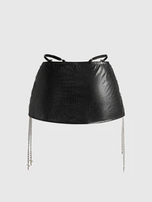 ROMWE Avant Minifalda ajustada de cintura súper baja con decoración de accesorio de motociclista retro Gyaru para mujer - Negro - Ver 2
