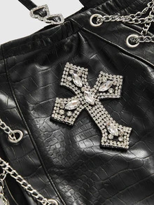 ROMWE Avant Minifalda ajustada de cintura súper baja con decoración de accesorio de motociclista retro Gyaru para mujer - Negro - Ver 4