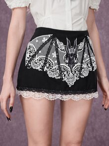 ROMWE Gothic Bat Lace Applique Embroidered Straight Skirt - Black - View 5