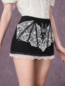ROMWE Gothic Bat Lace Applique Embroidered Straight Skirt - Black - View 7