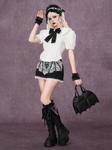 ROMWE Gothic Bat Lace Applique Embroidered Straight Skirt - Black - View 2