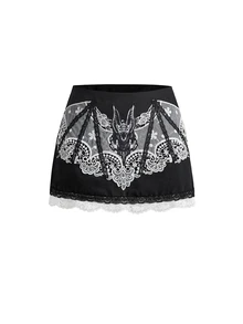 ROMWE Gothic Bat Lace Applique Embroidered Straight Skirt - Black - View 1
