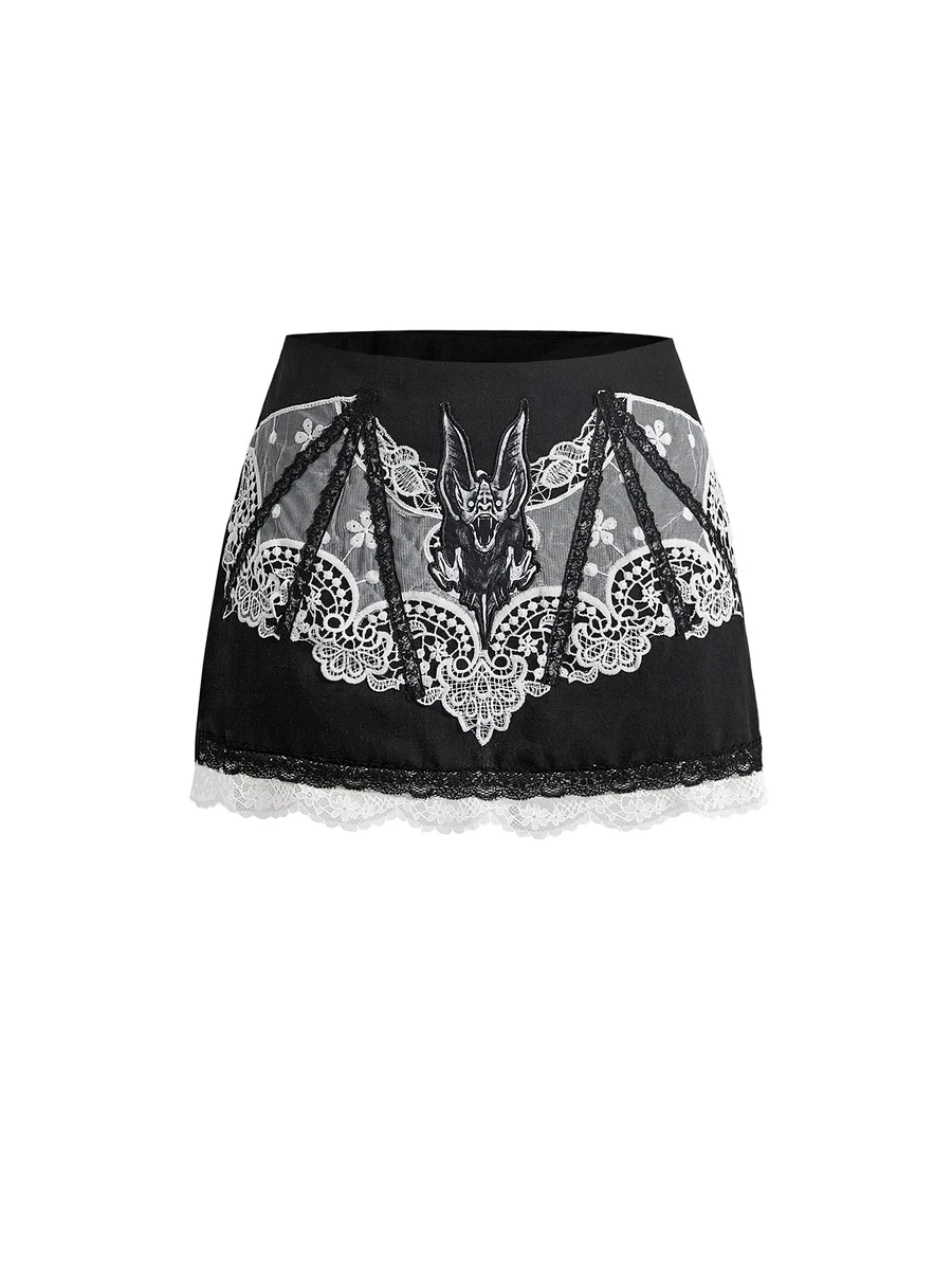 ROMWE Gothic Bat Lace Applique Embroidered Straight Skirt - Black - View 1