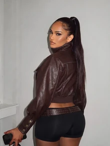 Amplova Women's Autumn Fashion PU Funnel Neck Cropped Jacket - Brown - View 14