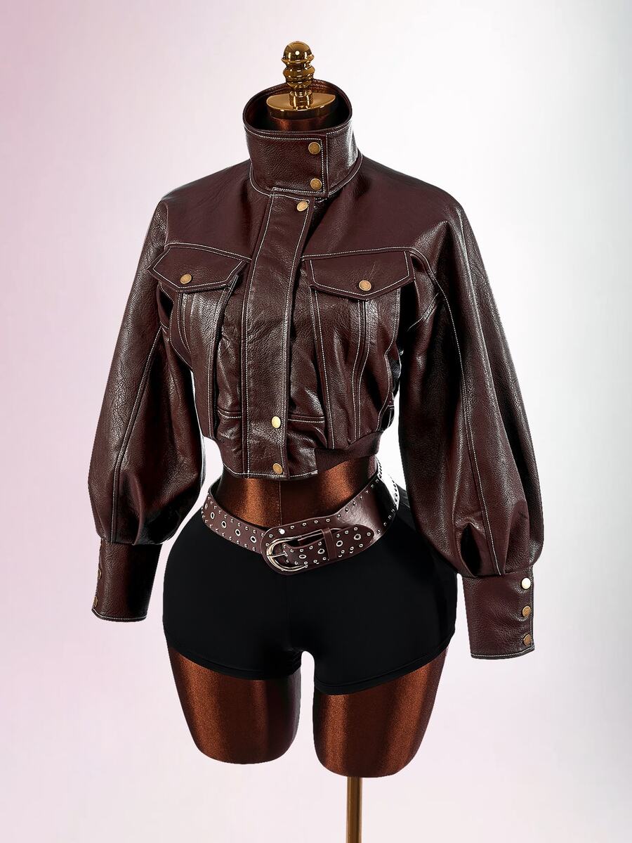 Amplova Women's Autumn Fashion PU Funnel Neck Cropped Jacket - Brown - View 1
