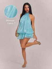 SHEIN PETITE Women's Elegant Mint Green & Mint Blue Halter Tie Mini Dress, Suitable For Party, Date, Autumn/Winter, Spring/Summer - Mint Green - View 6