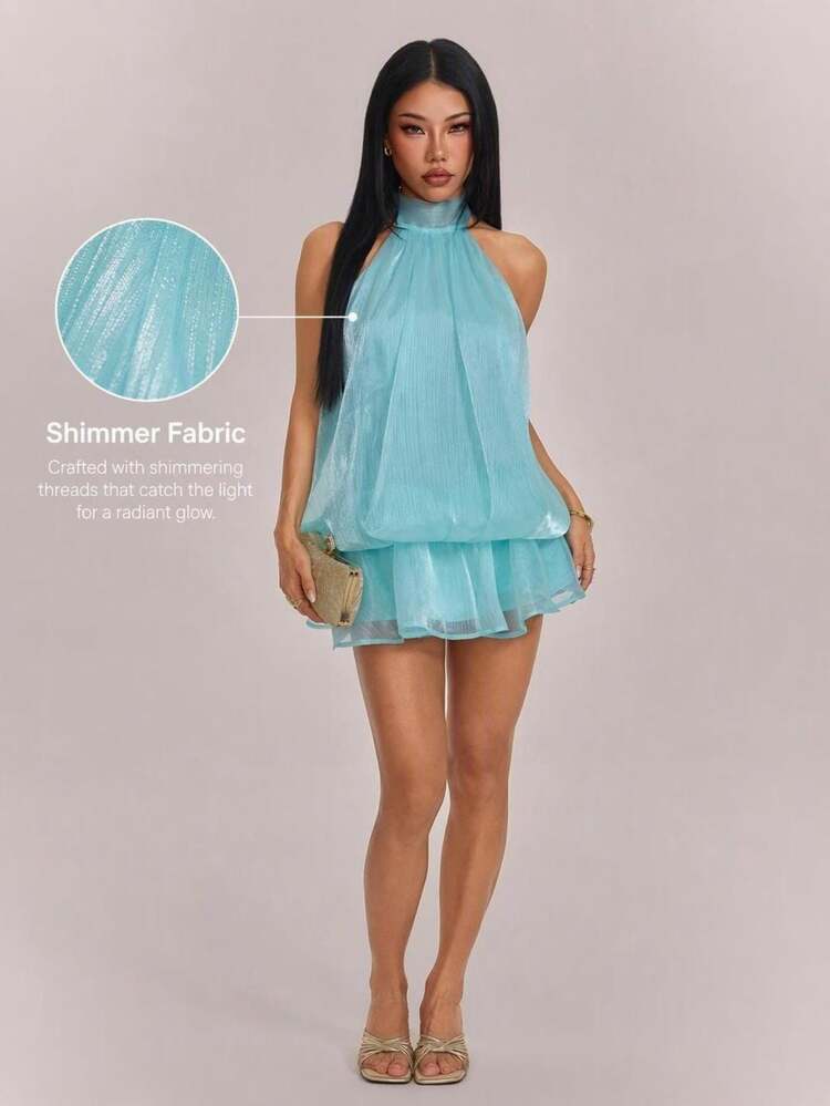 SHEIN PETITE Women's Elegant Mint Green & Mint Blue Halter Tie Mini Dress, Suitable For Party, Date, Autumn/Winter, Spring/Summer - Mint Green - View 1
