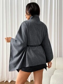 SHEIN PETITE Stylish Grey High-Neck Wool-Blend Coat For Petite Women-Suitable For Commuting And Casual Wear. - Grey - View 2