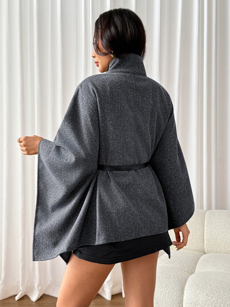 SHEIN PETITE Stylish Grey High-Neck Wool-Blend Coat For Petite Women-Suitable For Commuting And Casual Wear. - Grey - View 2